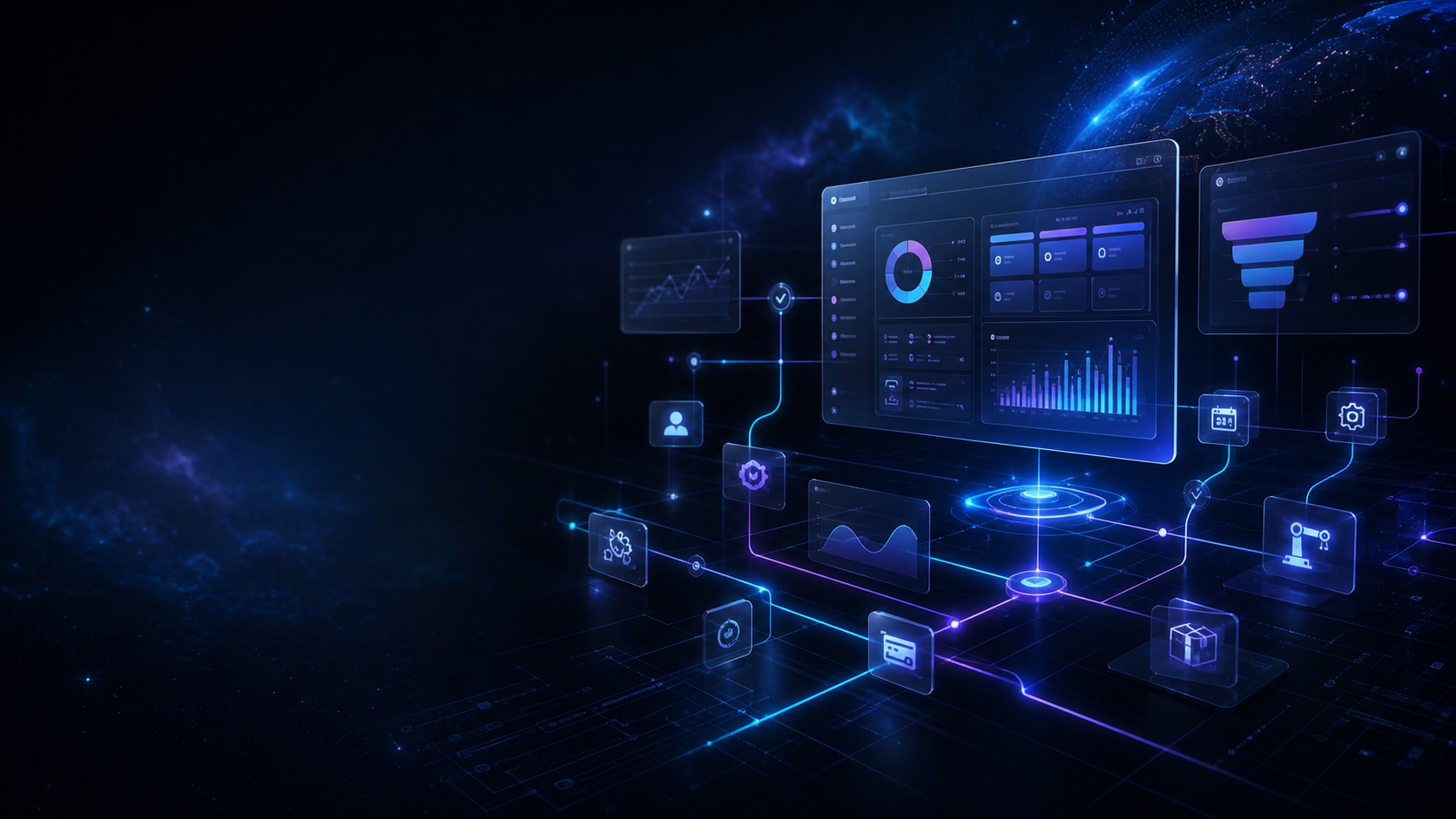 Centro de operaciones digital con flujos, dashboards e integraciones